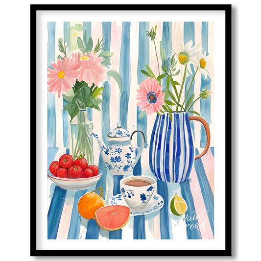 This charming and vibrant poster presents a delightful still life, evoking a serene teatime or brun… for house