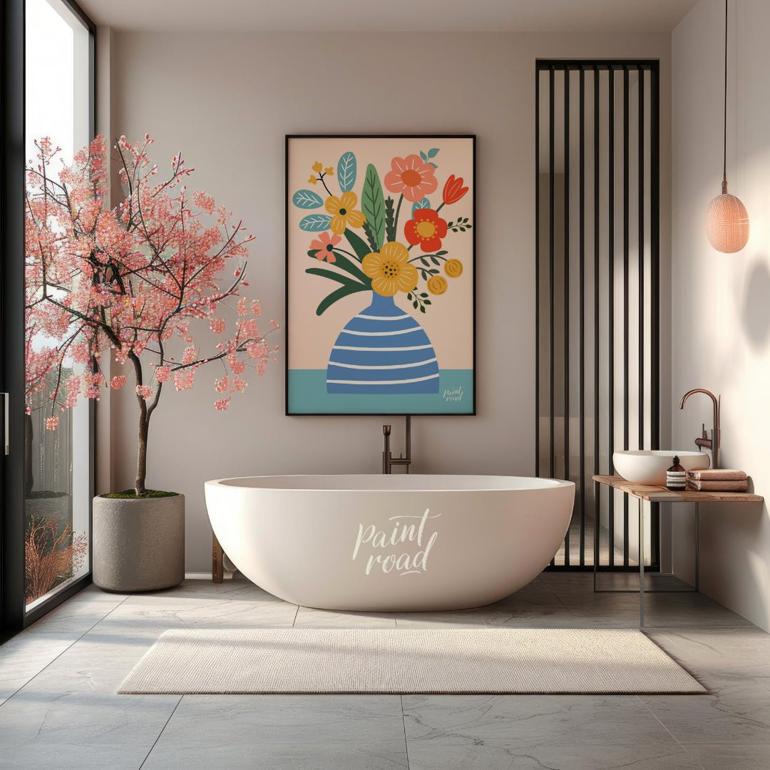 This cheerful digital illustration features a bouquet of stylized flowers in a striped blue vase ag… for bathroom