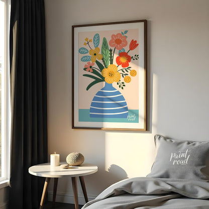 This cheerful digital illustration features a bouquet of stylized flowers in a striped blue vase ag… for bedroom