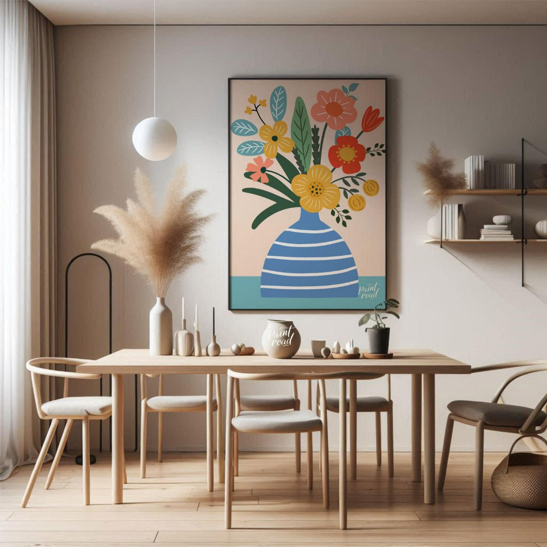 This cheerful digital illustration features a bouquet of stylized flowers in a striped blue vase ag… for dining room