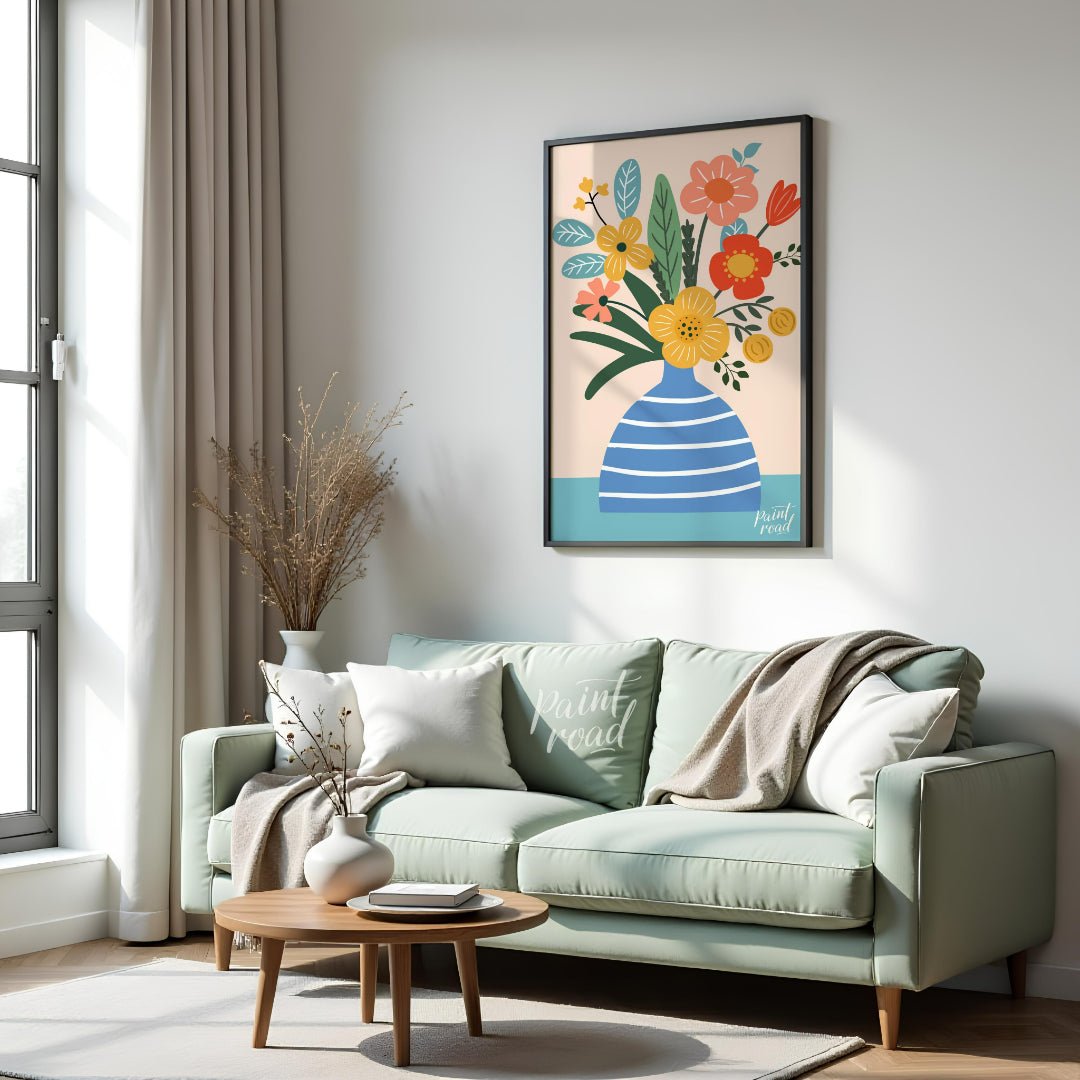 This cheerful digital illustration features a bouquet of stylized flowers in a striped blue vase ag… for living room