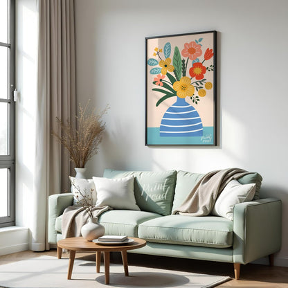 This cheerful digital illustration features a bouquet of stylized flowers in a striped blue vase ag… for living room