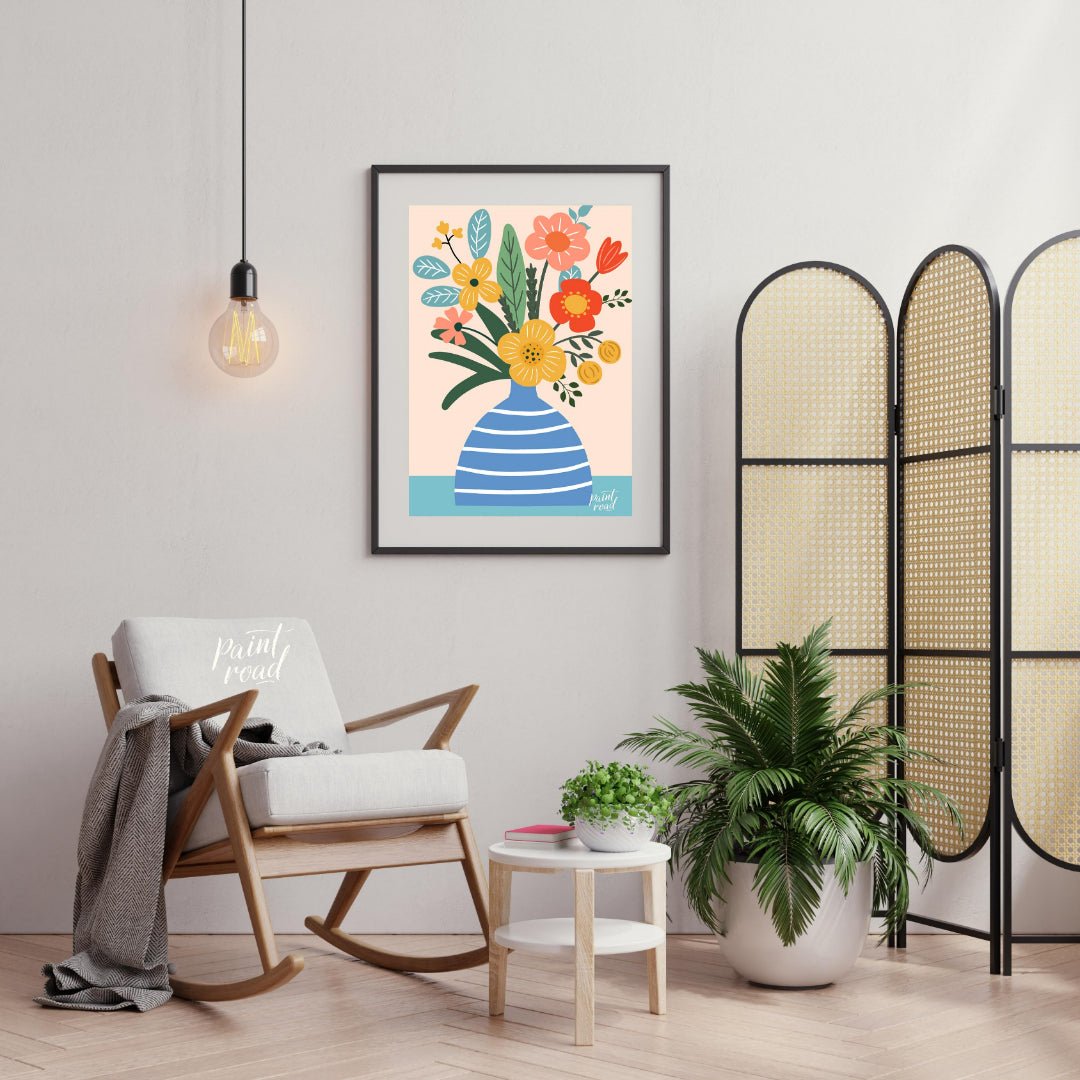 This cheerful digital illustration features a bouquet of stylized flowers in a striped blue vase ag… for living room