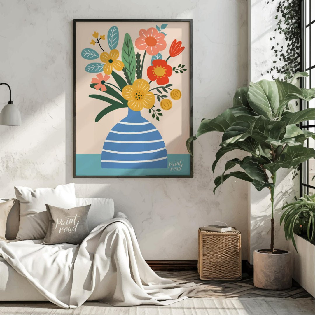 This cheerful digital illustration features a bouquet of stylized flowers in a striped blue vase ag… for living room