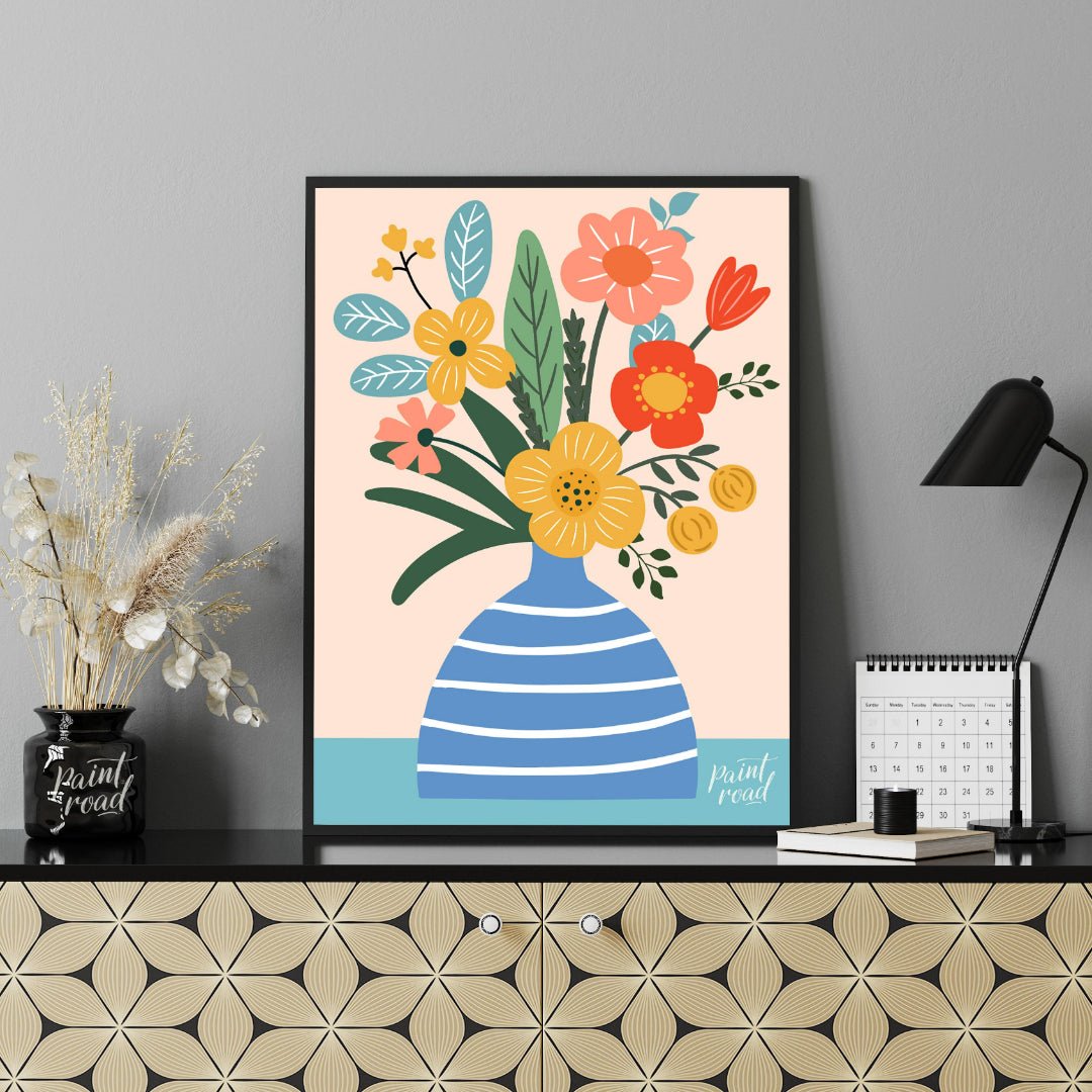 This cheerful digital illustration features a bouquet of stylized flowers in a striped blue vase ag… for office