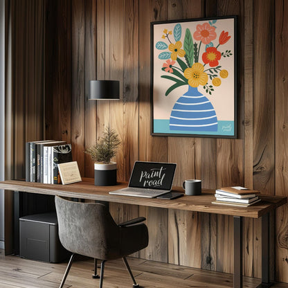 This cheerful digital illustration features a bouquet of stylized flowers in a striped blue vase ag… for office