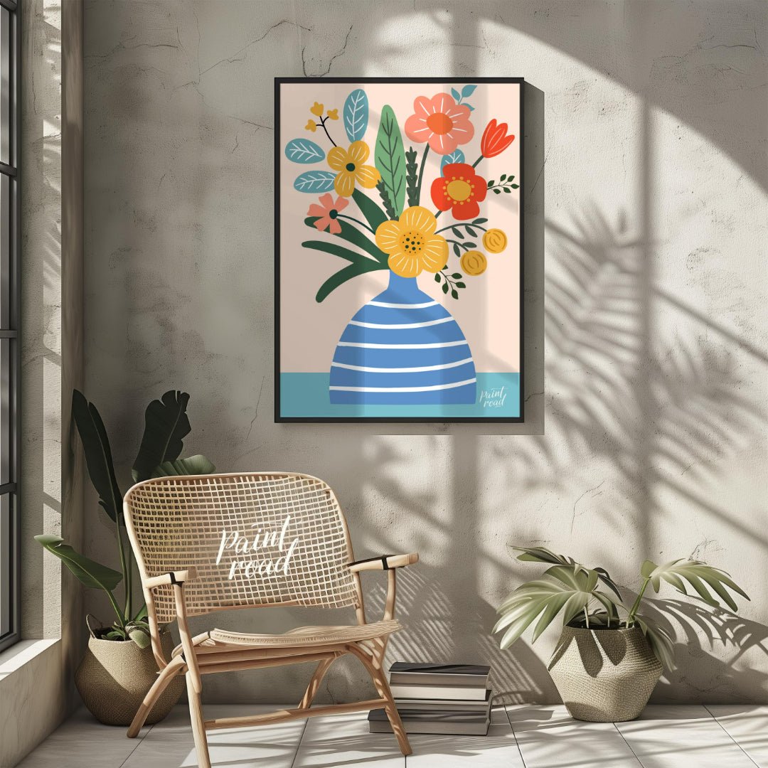 This cheerful digital illustration features a bouquet of stylized flowers in a striped blue vase ag… for other