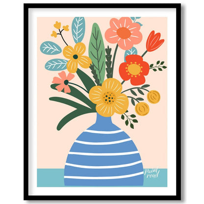 This cheerful digital illustration features a bouquet of stylized flowers in a striped blue vase ag… for space