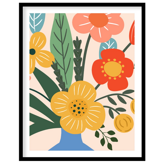 This cheerful digital illustration features a bouquet of stylized flowers in a striped blue vase ag… for space