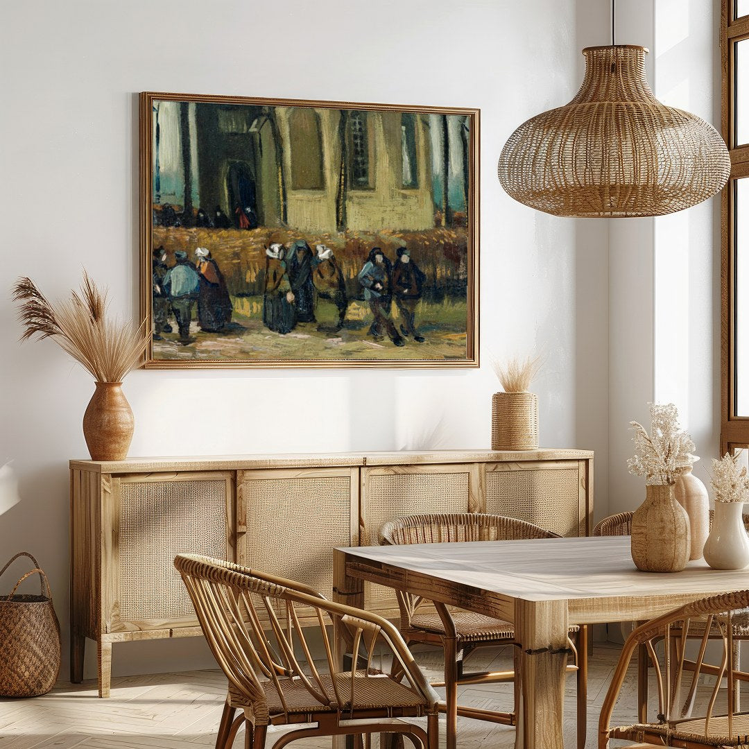This captivating piece portrays villagers leisurely strolling along a path adjacent to an ancient for Dining