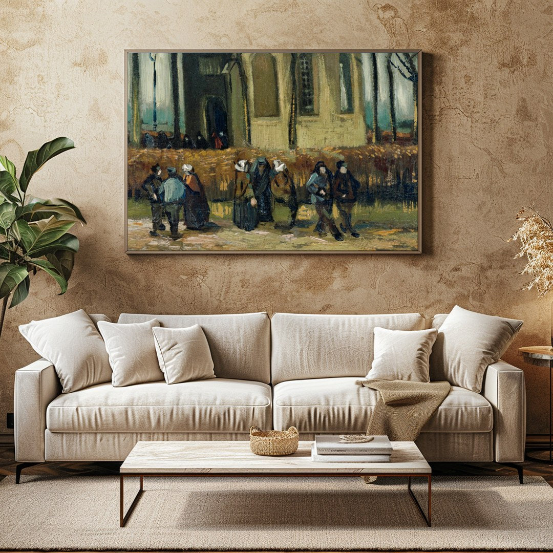 This captivating piece portrays villagers leisurely strolling along a path adjacent to an ancient for Family Room