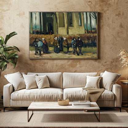 This captivating piece portrays villagers leisurely strolling along a path adjacent to an ancient for Family Room