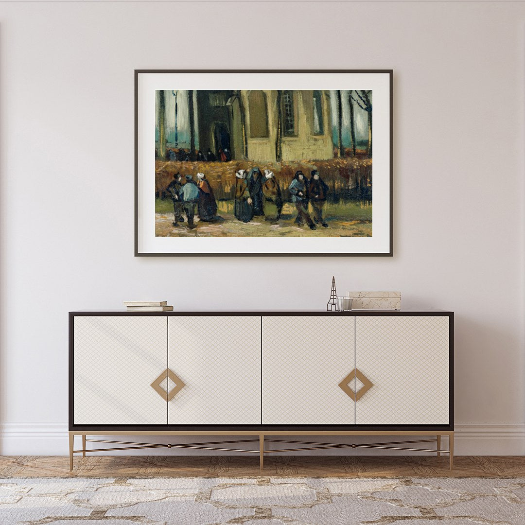 This captivating piece portrays villagers leisurely strolling along a path adjacent to an ancient for Foyer