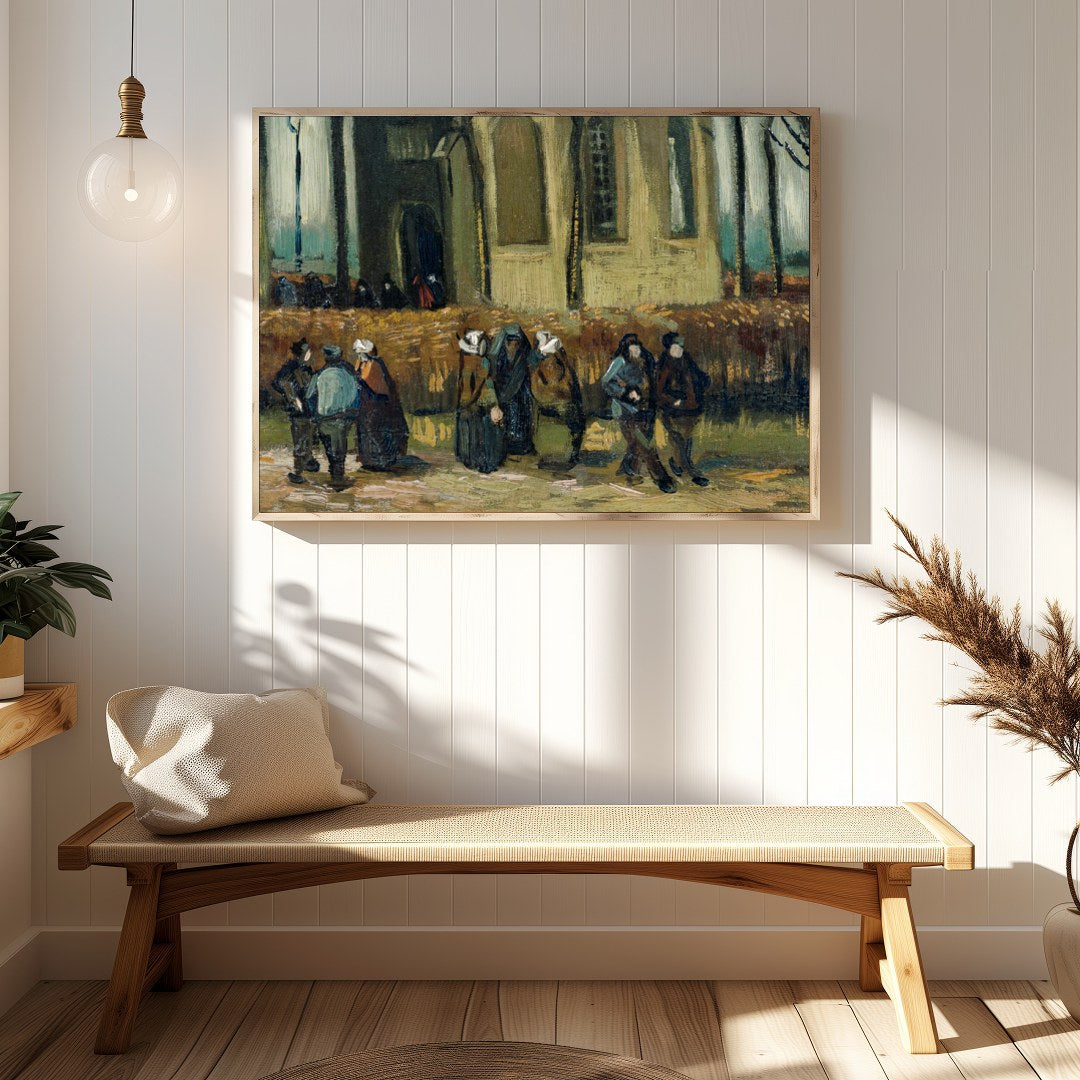 This captivating piece portrays villagers leisurely strolling along a path adjacent to an ancient for gallery