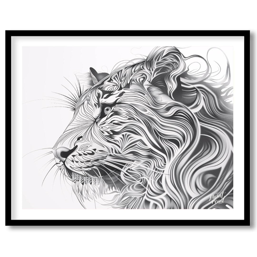 This captivating black and white illustration presents the profile of a lion's head, reimagined wit… for abode