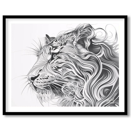 This captivating black and white illustration presents the profile of a lion's head, reimagined wit… for abode