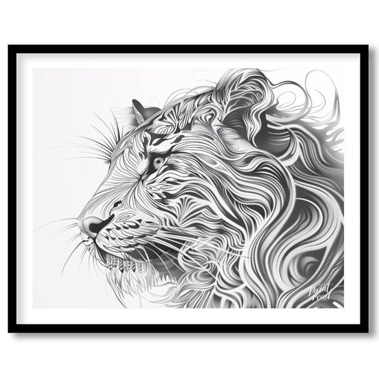 This captivating black and white illustration presents the profile of a lion's head, reimagined wit… for abode