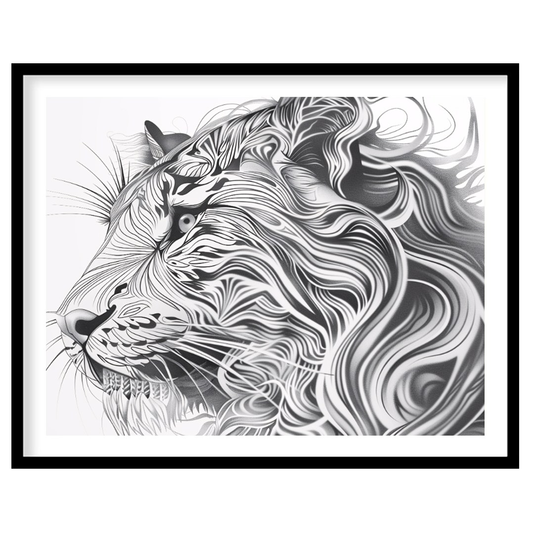 This captivating black and white illustration presents the profile of a lion's head, reimagined wit… for abode
