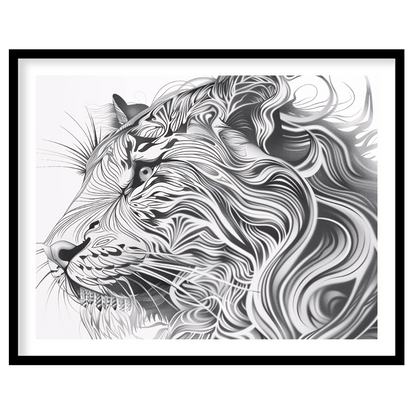 This captivating black and white illustration presents the profile of a lion's head, reimagined wit… for abode