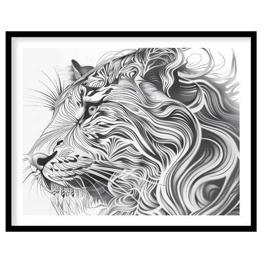 This captivating black and white illustration presents the profile of a lion's head, reimagined wit… for abode