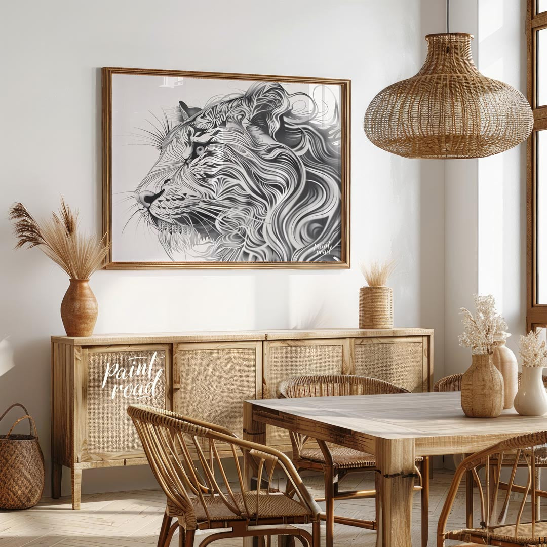 This captivating black and white illustration presents the profile of a lion's head, reimagined wit… for dining room