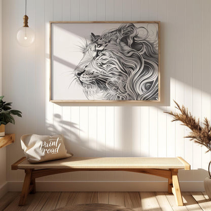 This captivating black and white illustration presents the profile of a lion's head, reimagined wit… for entryway