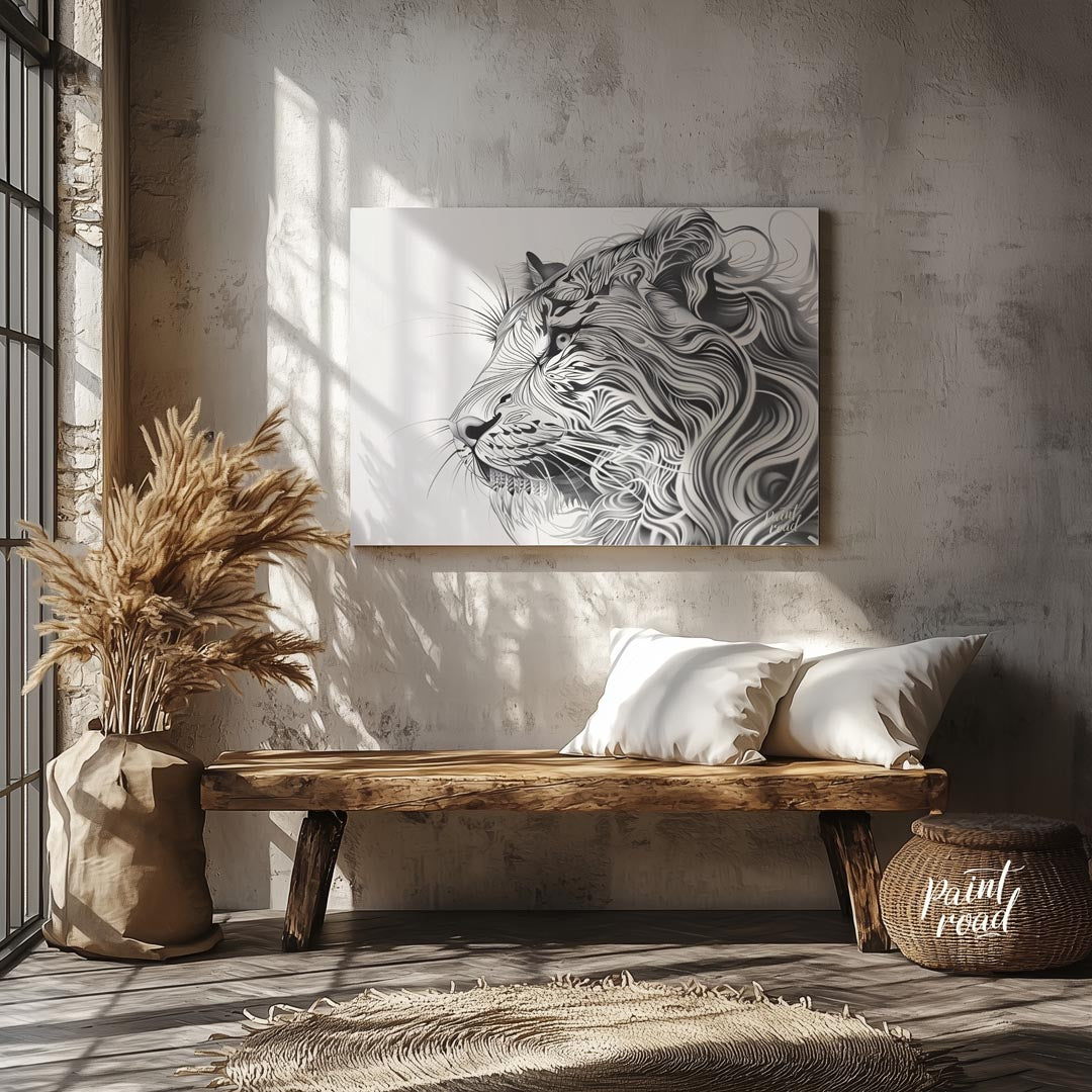 This captivating black and white illustration presents the profile of a lion's head, reimagined wit… for entryway