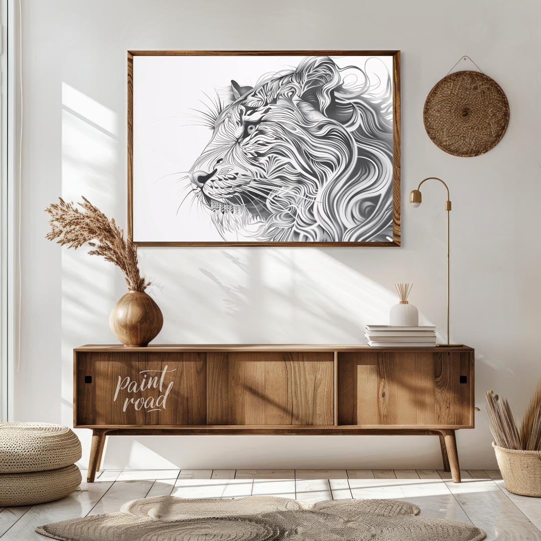 This captivating black and white illustration presents the profile of a lion's head, reimagined wit… for living room