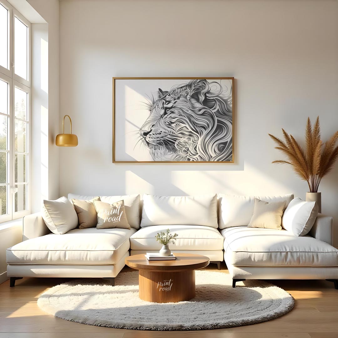 This captivating black and white illustration presents the profile of a lion's head, reimagined wit… for living room