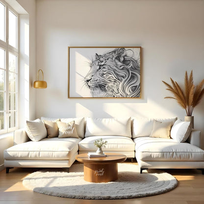 This captivating black and white illustration presents the profile of a lion's head, reimagined wit… for living room