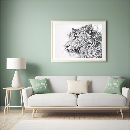 This captivating black and white illustration presents the profile of a lion's head, reimagined wit… for living room