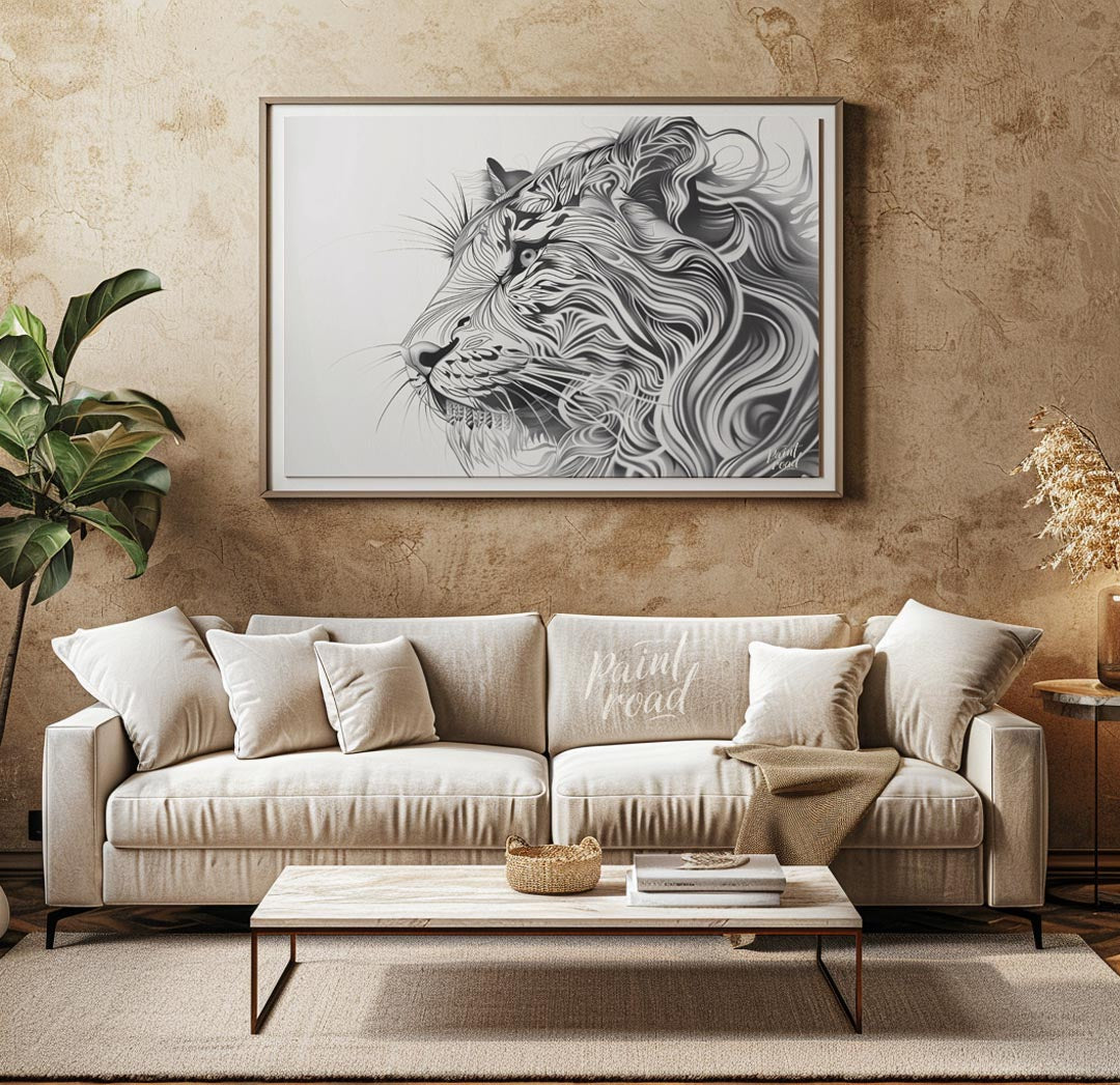 This captivating black and white illustration presents the profile of a lion's head, reimagined wit… for living room