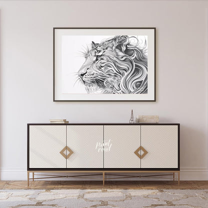 This captivating black and white illustration presents the profile of a lion's head, reimagined wit… for living room