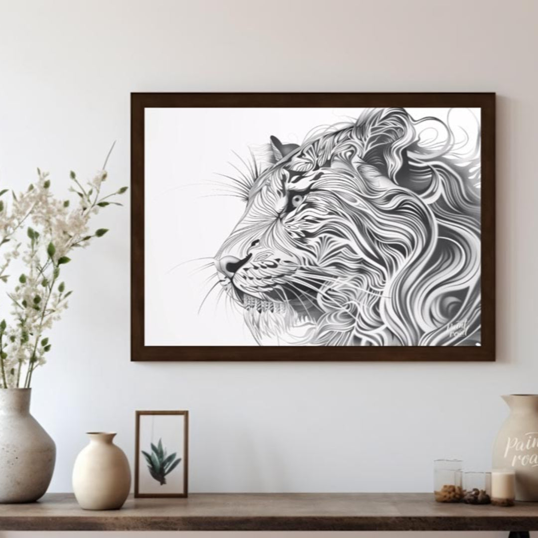 This captivating black and white illustration presents the profile of a lion's head, reimagined wit… for living room