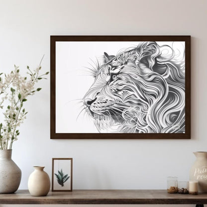 This captivating black and white illustration presents the profile of a lion's head, reimagined wit… for living room