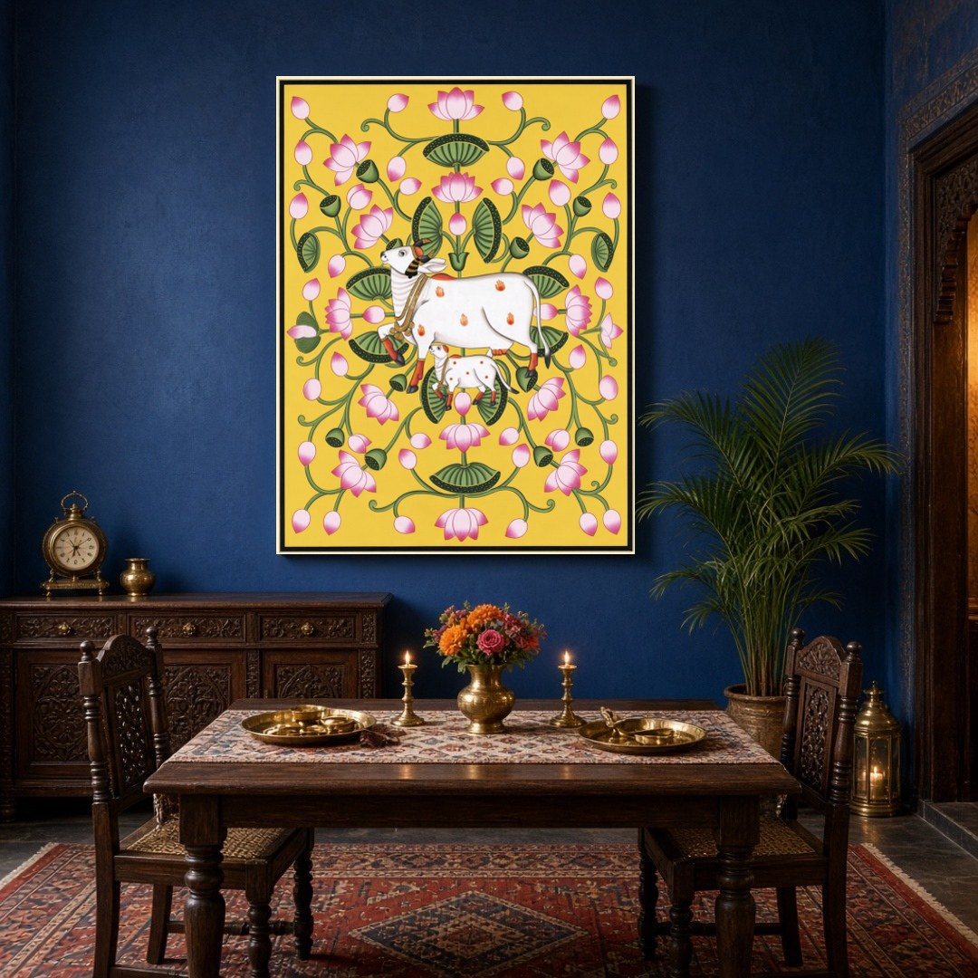 Immerse yourself in the tranquil beauty of Pichwai art with this ethereal depiction of Kamdhenu and for Dining