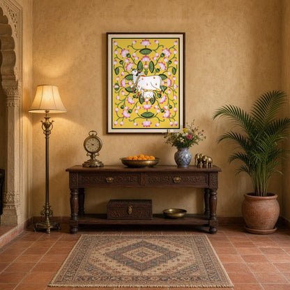 Immerse yourself in the tranquil beauty of Pichwai art with this ethereal depiction of Kamdhenu and for Entrance