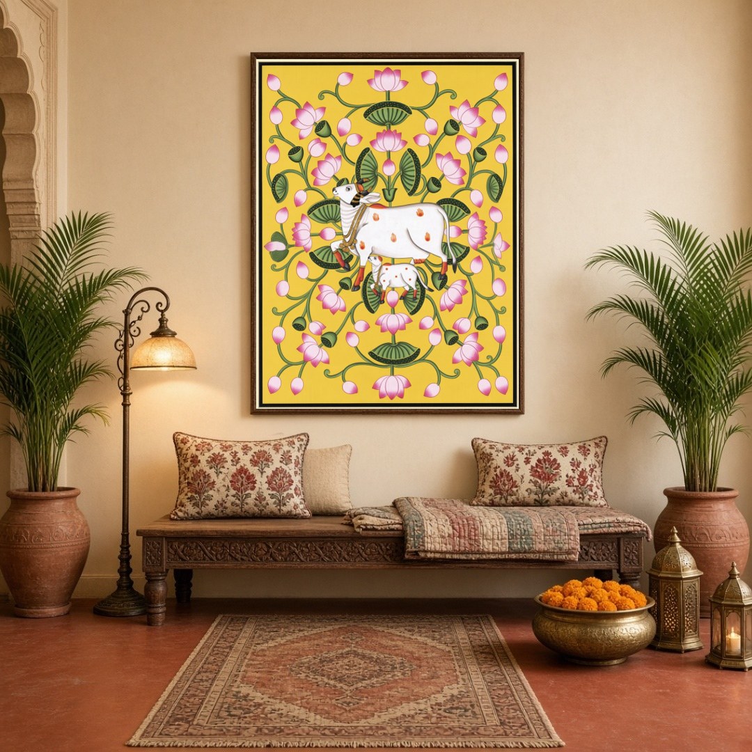Immerse yourself in the tranquil beauty of Pichwai art with this ethereal depiction of Kamdhenu and for Hallway