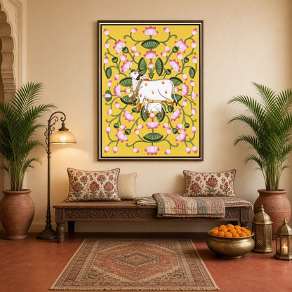 Immerse yourself in the tranquil beauty of Pichwai art with this ethereal depiction of Kamdhenu and for Hallway