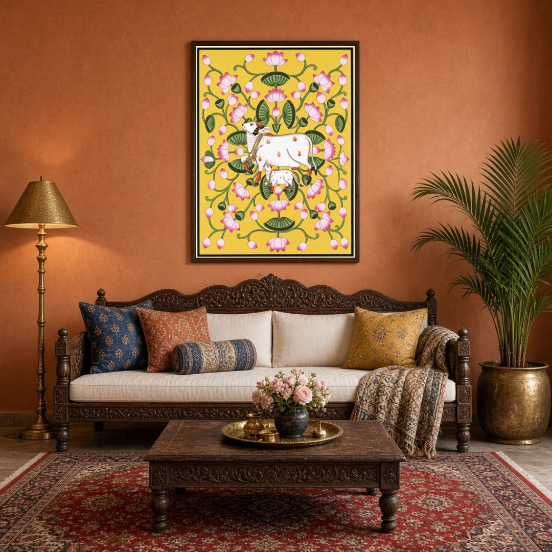 Immerse yourself in the tranquil beauty of Pichwai art with this ethereal depiction of Kamdhenu and for Living Room