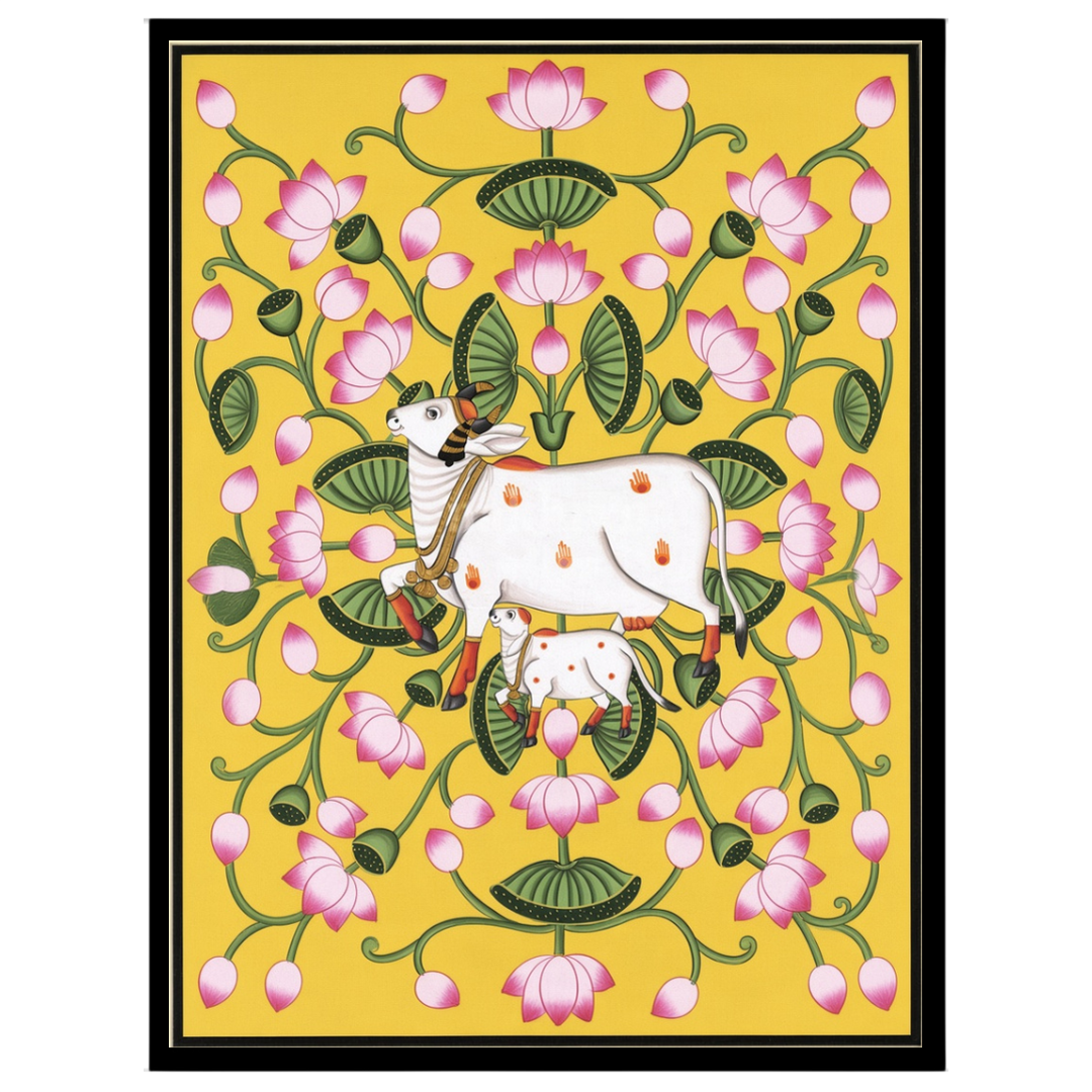 Immerse yourself in the tranquil beauty of Pichwai art with this ethereal depiction of Kamdhenu and for space