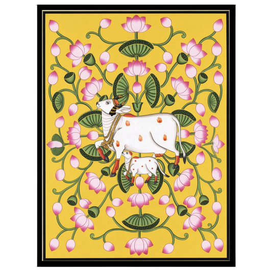 Immerse yourself in the tranquil beauty of Pichwai art with this ethereal depiction of Kamdhenu and for space