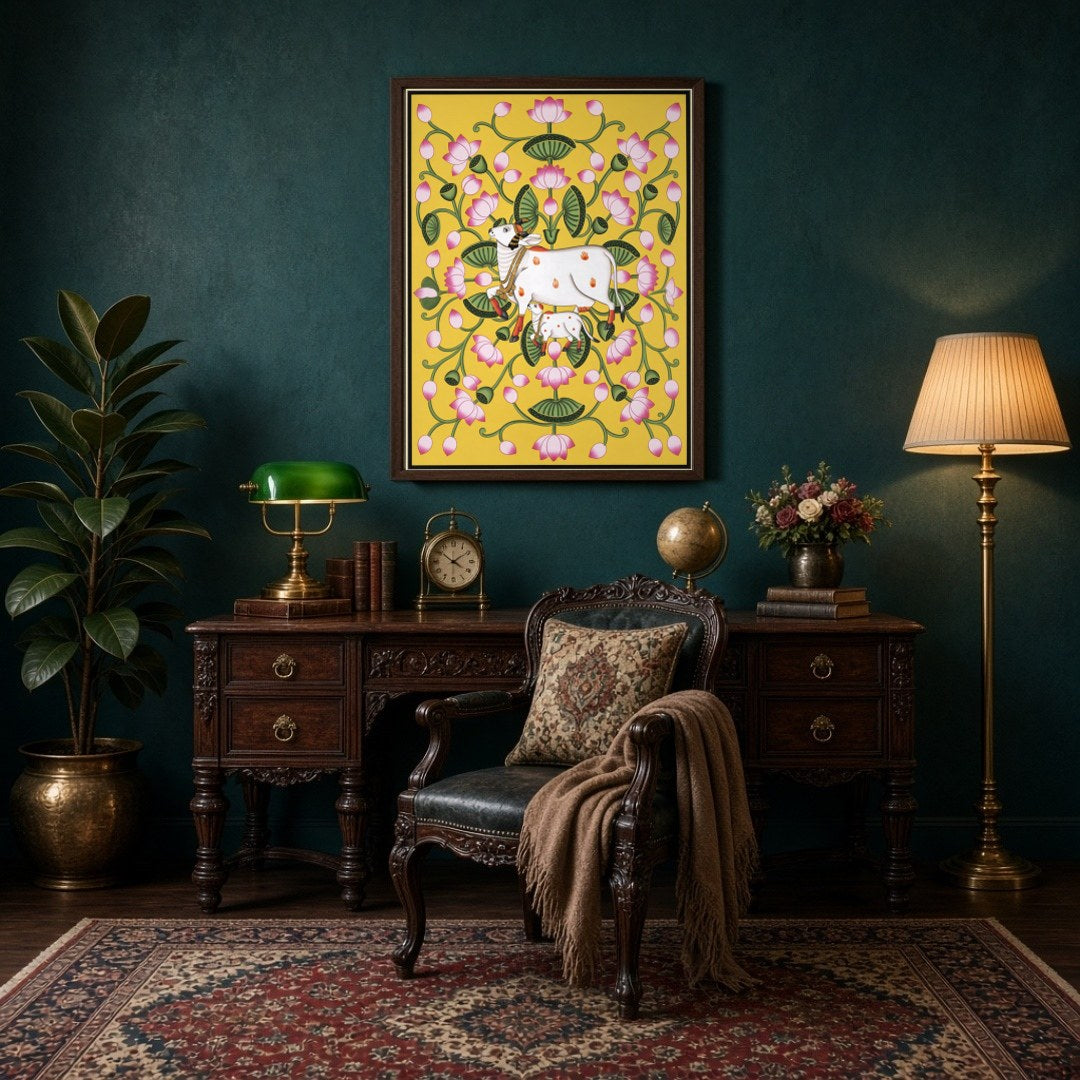 Immerse yourself in the tranquil beauty of Pichwai art with this ethereal depiction of Kamdhenu and for Study