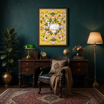 Immerse yourself in the tranquil beauty of Pichwai art with this ethereal depiction of Kamdhenu and for Study