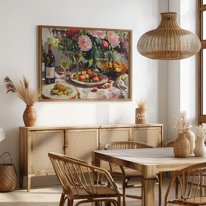 A vibrant still life painting depicting a bountiful harvest scene. Lush peonies, ripe peaches, and … for dining room