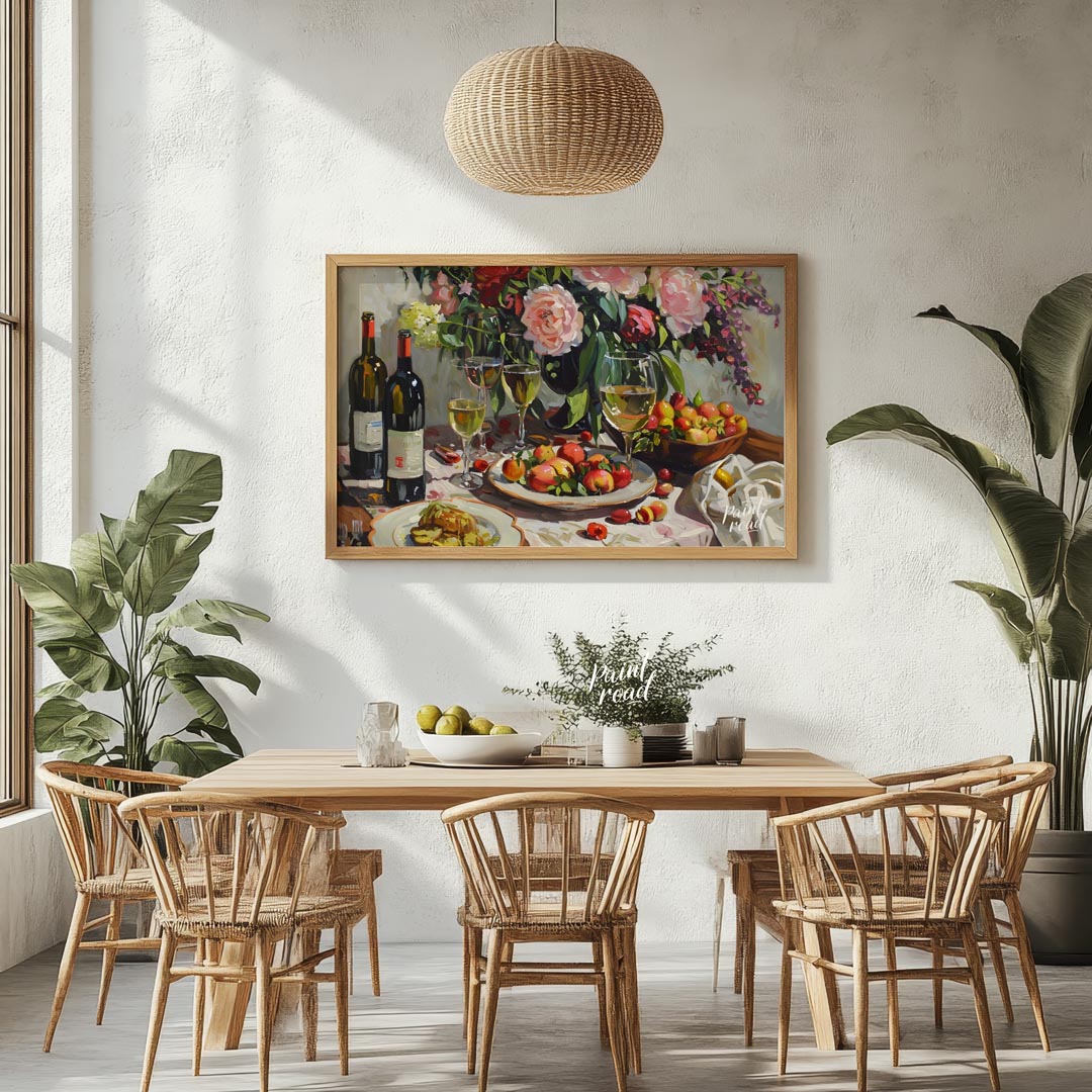 A vibrant still life painting depicting a bountiful harvest scene. Lush peonies, ripe peaches, and … for dining room