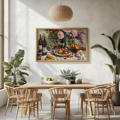 A vibrant still life painting depicting a bountiful harvest scene. Lush peonies, ripe peaches, and … for dining room
