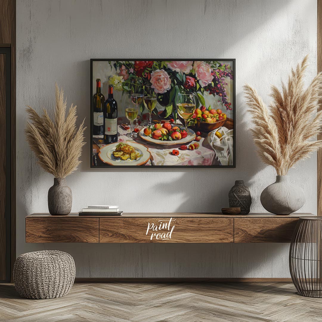 A vibrant still life painting depicting a bountiful harvest scene. Lush peonies, ripe peaches, and … for dining room