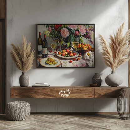 A vibrant still life painting depicting a bountiful harvest scene. Lush peonies, ripe peaches, and … for dining room
