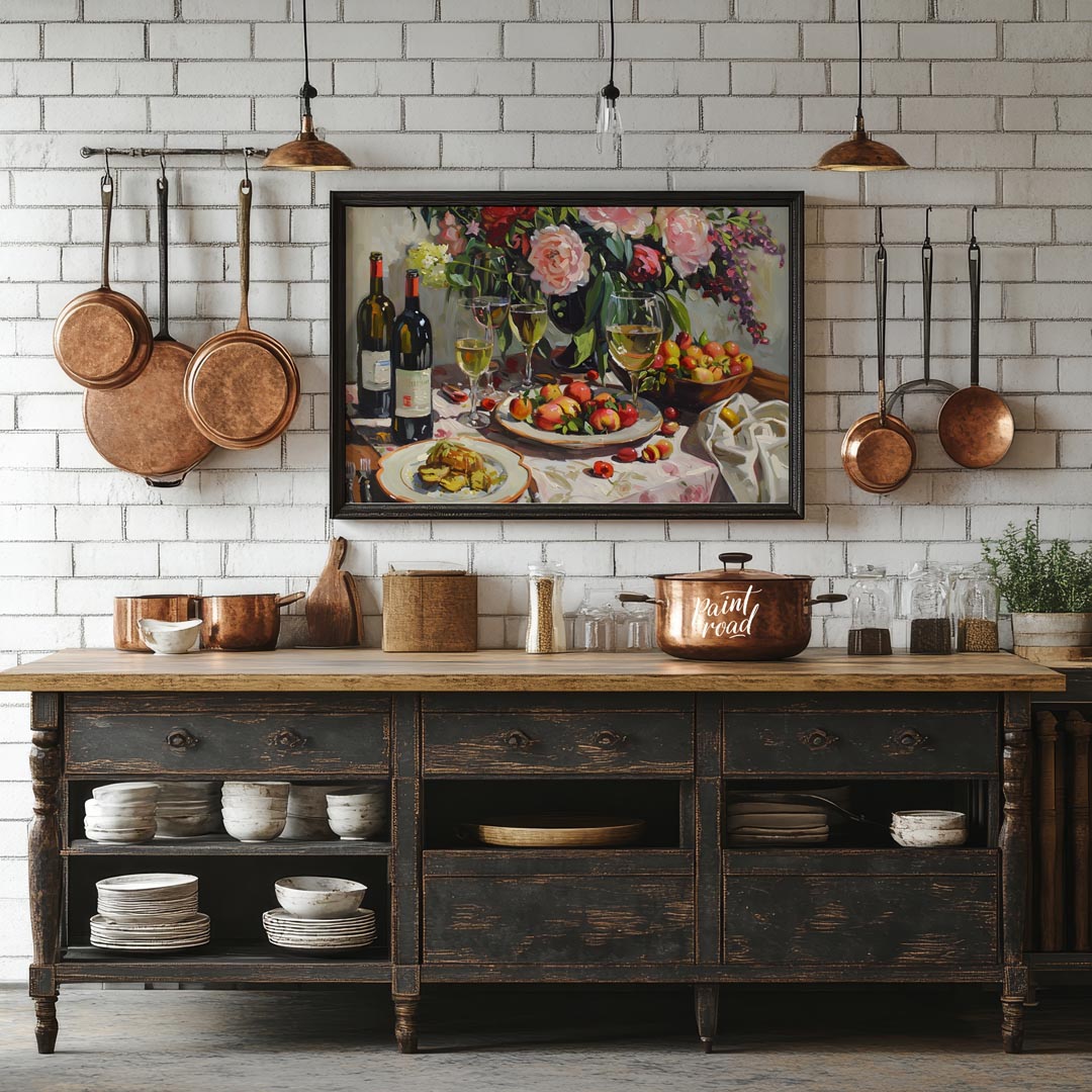 A vibrant still life painting depicting a bountiful harvest scene. Lush peonies, ripe peaches, and … for kitchen